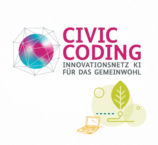 Logo Civic Coding mit Netzwerk um eine Kugel sowie ein Computer und ein Pflanzenblatt.