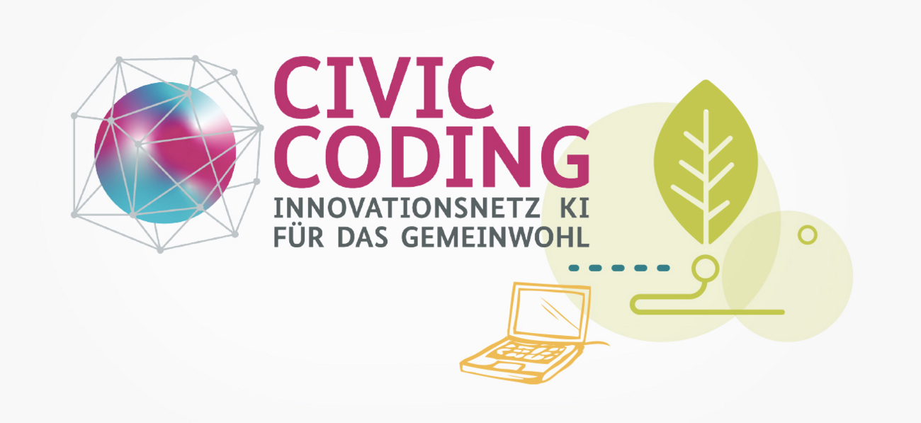 Logo Civic Coding with network around a sphere as well as a computer and a plant leaf.