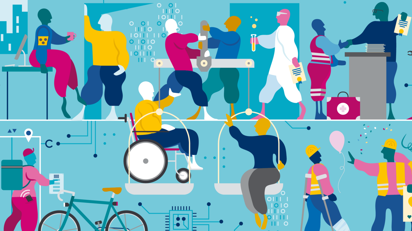 Unterschiedliche Personen: im Rollstuhl, mit Fahrrad, mit Gipsbein, mit Blindenbinde, Forschende.
